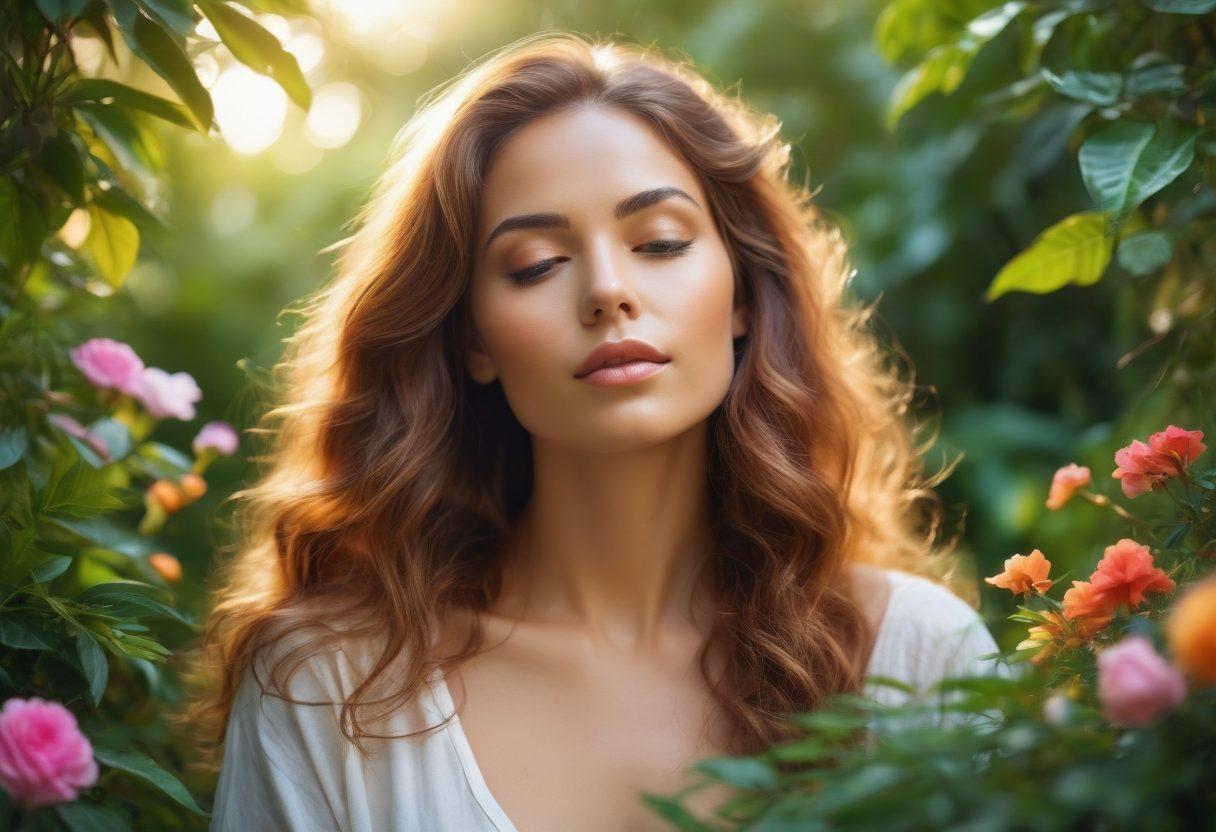 A serene scene featuring an ethereal woman with flowing hair, surrounded by lush greenery and vibrant flowers symbolizing beauty and nature. She is surrounded by items like essential oils, crystals, and herbal teas which indicate wellness practices. Soft golden light filters through the leaves, casting a magical glow on her face, suggesting an aura of tranquility and health. The composition evokes a sense of holistic living and natural beauty. super-realistic. vibrant colors. soft focus.