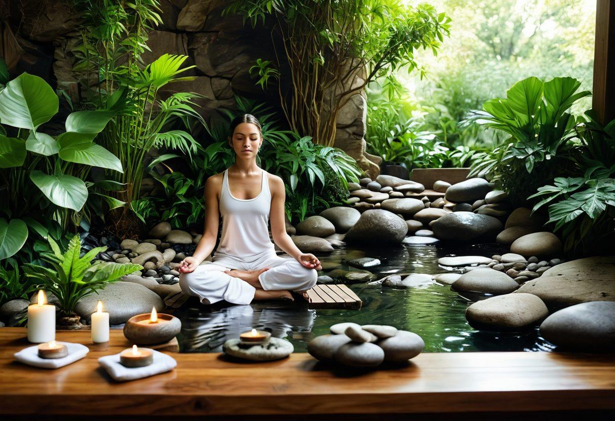 A serene spa setting featuring a person meditating among lush plants, surrounded by natural elements like stones and water. Include soft sunlight filtering through leaves, highlighting a selection of organic beauty products on a wooden table. Emphasize tranquility and natural beauty. super-realistic. vibrant colors. soft focus.