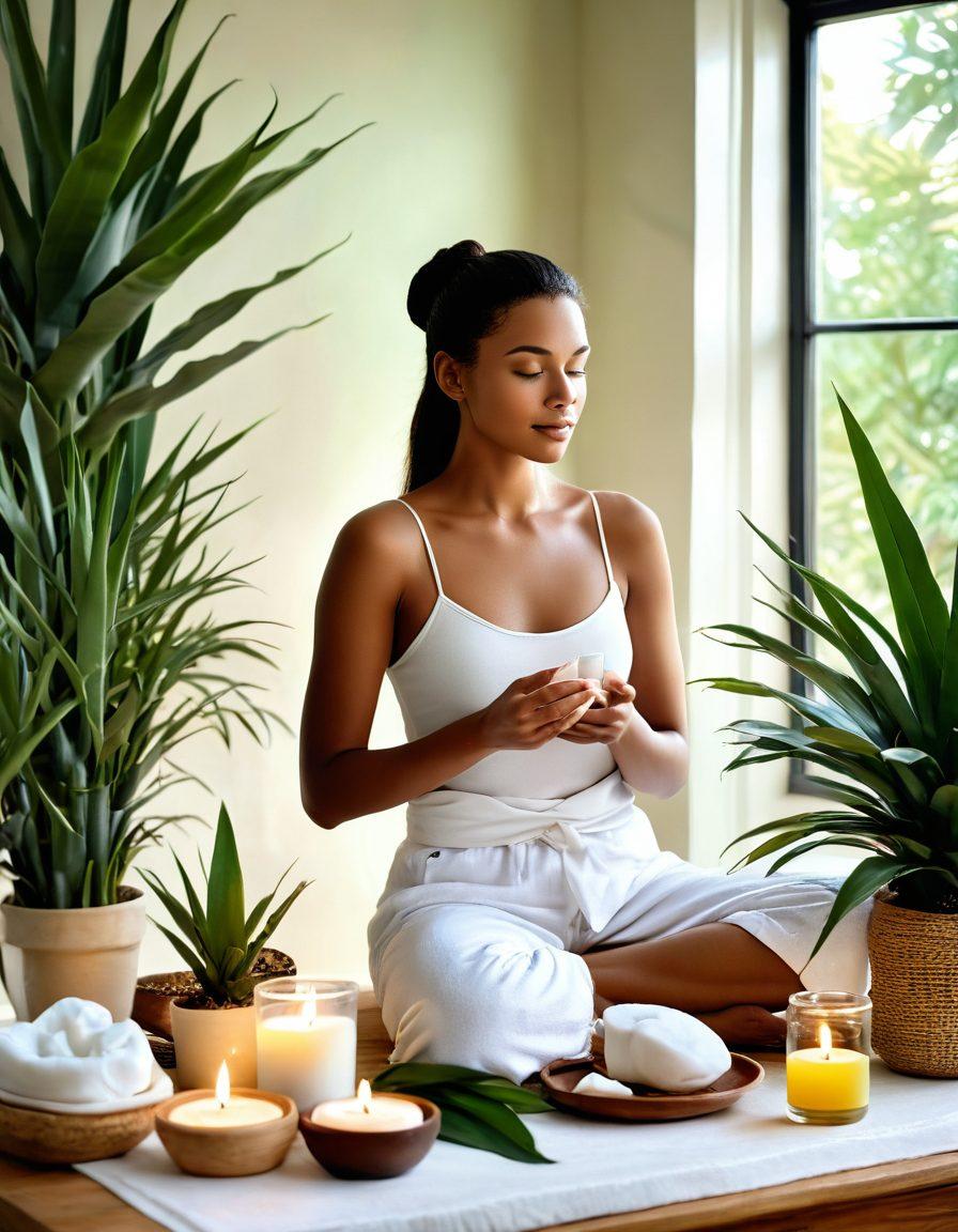 A serene spa-like scene featuring natural ingredients such as aloe vera, coconut oil, and honey arranged artistically, with a calming backdrop of green leaves and soft lighting. Include a woman practicing self-care, like applying a facial mask and relaxing, showcasing her radiant skin and content expression. Subtle hints of essential oils and peaceful candles in the background create a tranquil atmosphere. painting. soft pastel colors. natural lighting.